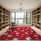 Playful Snowmen Snowflakes Red Area Rug
