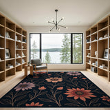 Navy Floral Area Rug with Pink Orange Blooms