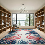 Pink Flamingo and Teal Palm Leaf Area Rug
