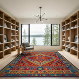 Vibrant Red Blue Geometric Heritage Tribal Rug