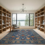 Navy Blue Persian Floral Area Rug with Orange Accents