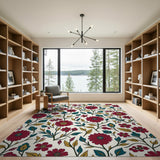Vibrant Red Gerbera Floral Rug with Teal Leaves
