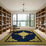 Navy Blue Ornate Gold Medallion Area Rug