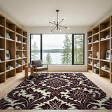 Cream and Burgundy Damask Floral Area Rug