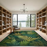 ODIKA Washable Dark Green & Gold Botanical Fern Area Rug - Low Pile, Non-Slip, Pet Friendly