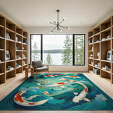 ODIKA Japanese Koi Fish Washable Area Rug - Teal & Orange Non-Slip Low Pile Art Decor