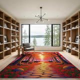 Red Autumn Forest Path Deer Silhouette Area Rug
