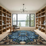 Teal Blue Cornflower Peach Rose Ornate Area Rug