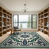 Teal Border Navy Floral Persian Area Rug