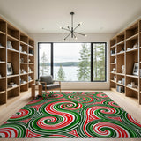 Swirling Red Green Abstract Geometric Rug