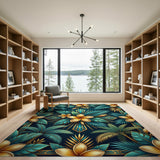 Art Deco Teal Gold Frangipani Rug