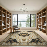 Opulent Ivory Persian Medallion Area Rug with Navy Gold