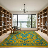 Ornate Yellow Persian Rug with Blue Floral Medallion
