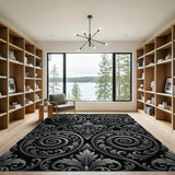 Ornate Black Spiral Damask Area Rug