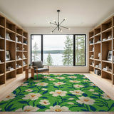 White Blossom Floral Green Area Rug