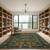 Teal Green Persian Rug with Orange Geometric Motifs