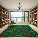 Festive Poinsettia Holly Wreath Green Area Rug