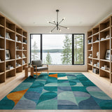 Teal Orange Curved Geometric Abstract Area Rug