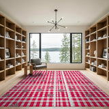Red Gingham Checkered Area Rug with Floral Motifs