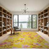 Sunny Yellow Pink Peony Floral Area Rug
