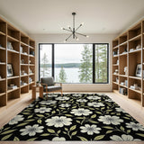 White Swirl Floral Area Rug on Black