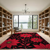 Red Bold Red Floral Area Rug on Black