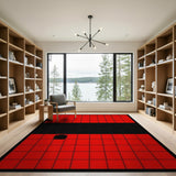 Bold Red Grid Area Rug with Black Stripe Circle
