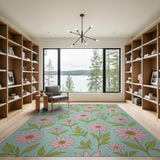 Pink Daisy Floral Area Rug on Teal