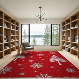 Festive Red Pine Trees Snowflakes Area Rug