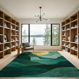 Golden Sun Over Teal Green Abstract Waves Rug