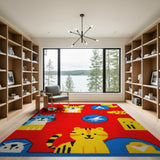 Playful Cartoon Tiger Cat Red Kids Area Rug