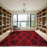 Red Black Damask Floral Area Rug