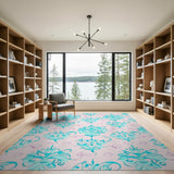 Teal Pink Ornate Floral Damask Area Rug