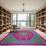Vibrant Pink Persian Area Rug with Blue Gold Motifs