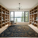 Ornate Grey Gold Lotus Mandala Rug