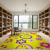 Cheerful Yellow Smiley Face Floral Area Rug