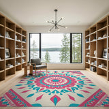 Boho Chic Multi-color and Patterns Vibrant Pink Teal Mandala Boho Area Rug