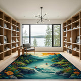 Sunset Fishing Mountain River Area Rug