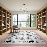 Black Silhouette Deer Pine Forest Area Rug
