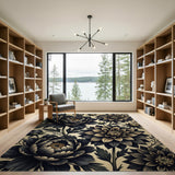 Black Peony Floral Vintage Area Rug