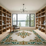 Ornate Floral Medallion Area Rug in Beige Green Gold