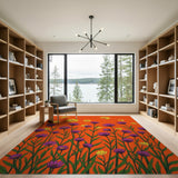 Vibrant Orange Floral Rug with Purple Yellow Blooms