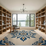Cream Navy Blue Terracotta Medallion Persian Rug