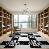 Black White Distressed Cross Grid Area Rug