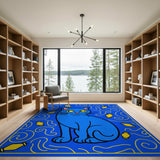 Whimsical Blue Cartoon Cat Area Rug with Yellow Lanterns
