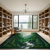 Pine Forest Waterfall Mountain Area Rug