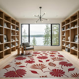Red Hibiscus Flower Leaf Pattern Area Rug