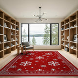 Geometric Modern Red Red Snowflake Area Rug with Ornate Border