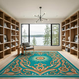 Blue and Teal Ornate Teal Persian Medallion Rug