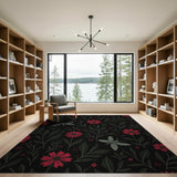 Red Dahlia Dragonfly Floral Area Rug